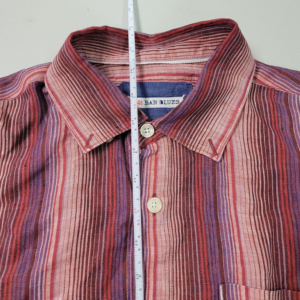 32 Bar Blues Mens M Medium 100% Linen Long Sleeve Pink Stripe Shirt - Picture 7 of 8